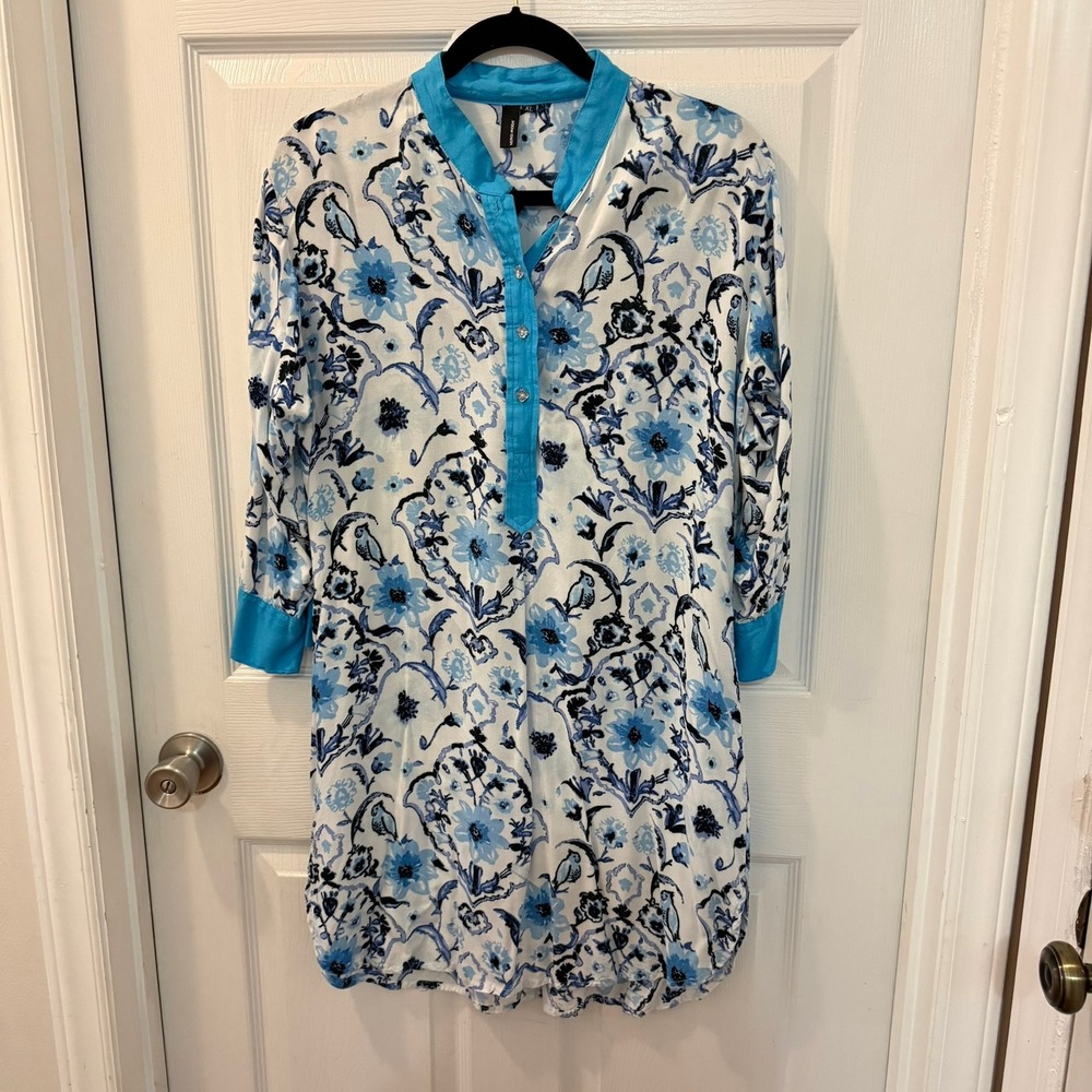 Vero Moda Women's XL Blue Bird Floral Tunic Dress Boho Resort Beach Lightweight